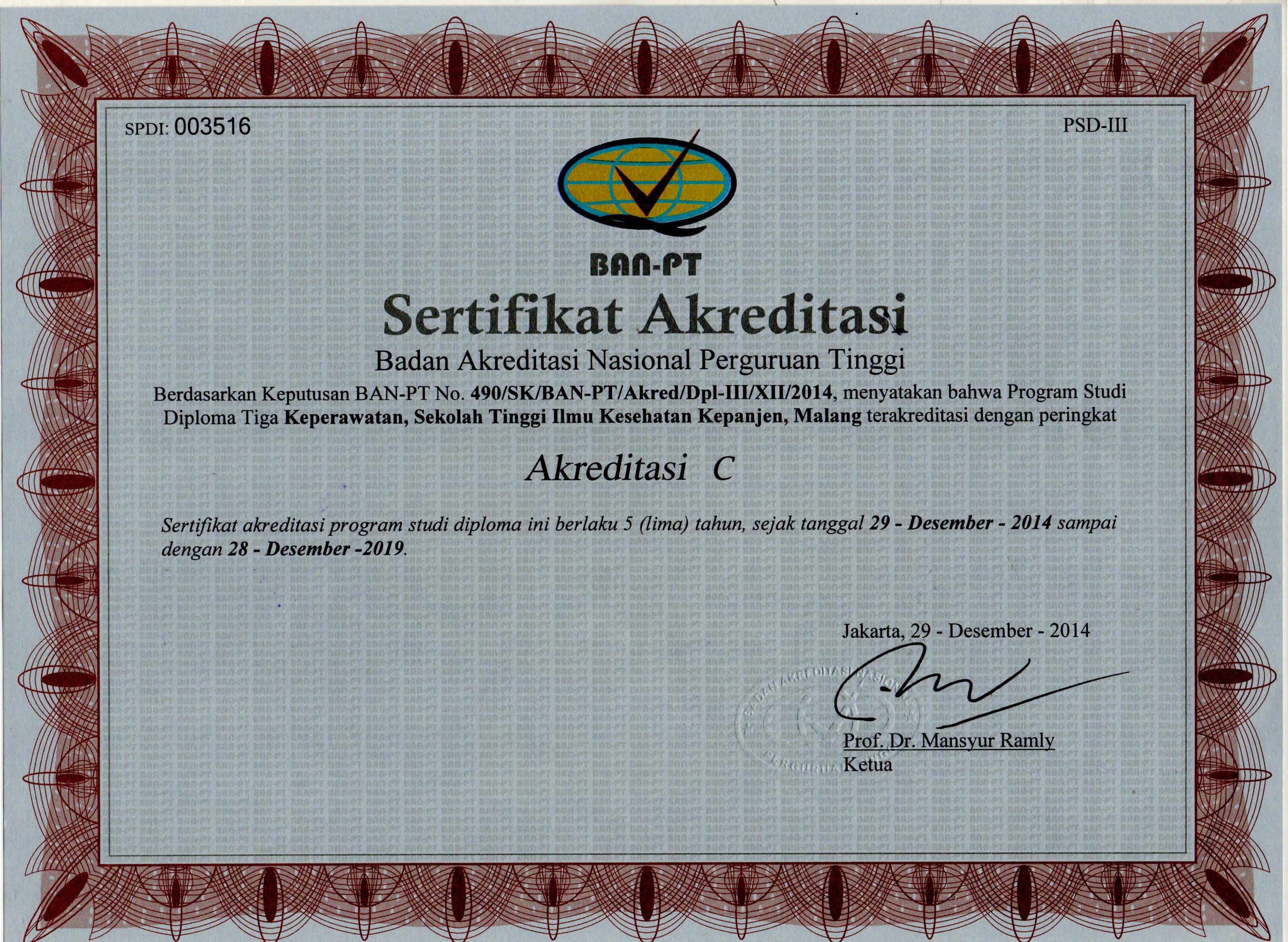 Sertifikat Akreditasi Prodi DIII Keperawatan tahun 2014